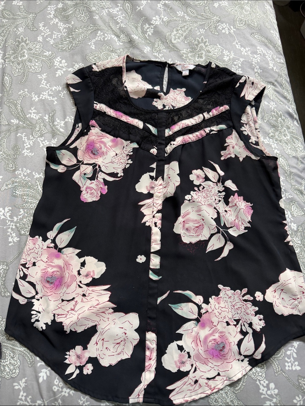 Candie's Black Sleeveless Blouse with Pink Floral Lace Yoke